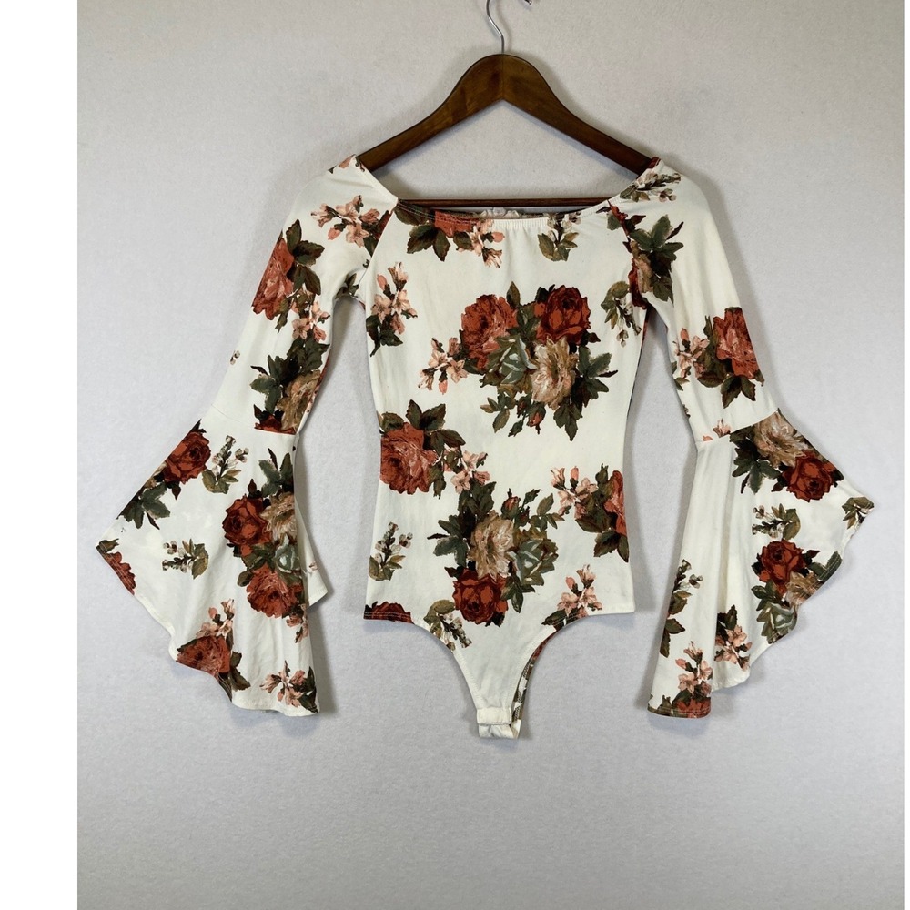 Whimsical Romantic Floral A'GACI Women Small Cream Rust Bell Sleeve Bodysuit - Picture 1 of 9